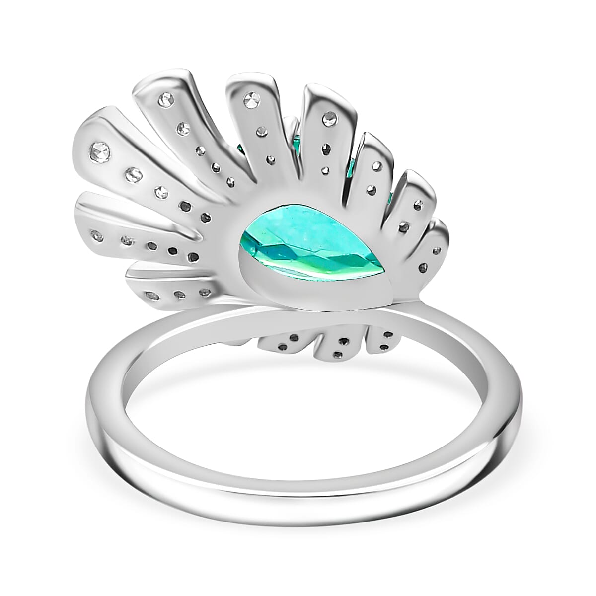 Peacock Triplet Quartz, White Zircon Fancy Ring in Rhodium Sterling Silver 2.59 Ct. Peacock Triplet Quartz, White Zircon Fancy Ring in Rhodium Sterling Silver 2.59 Ct.