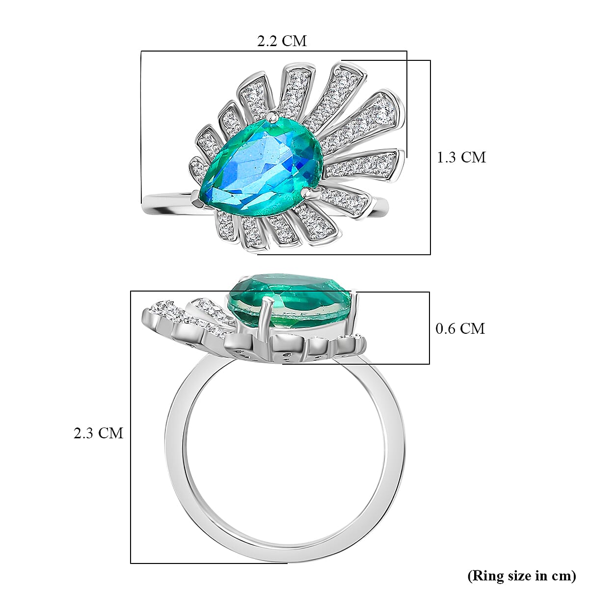 Peacock Triplet Quartz, White Zircon Fancy Ring in Rhodium Sterling Silver 2.59 Ct. Peacock Triplet Quartz, White Zircon Fancy Ring in Rhodium Sterling Silver 2.59 Ct.