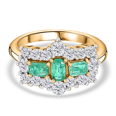 Colombian Emerald ,  Moissanite  Main Stone With Side Stone Ring in 18K YG Vermeil Sterling Silver 1.82 ct