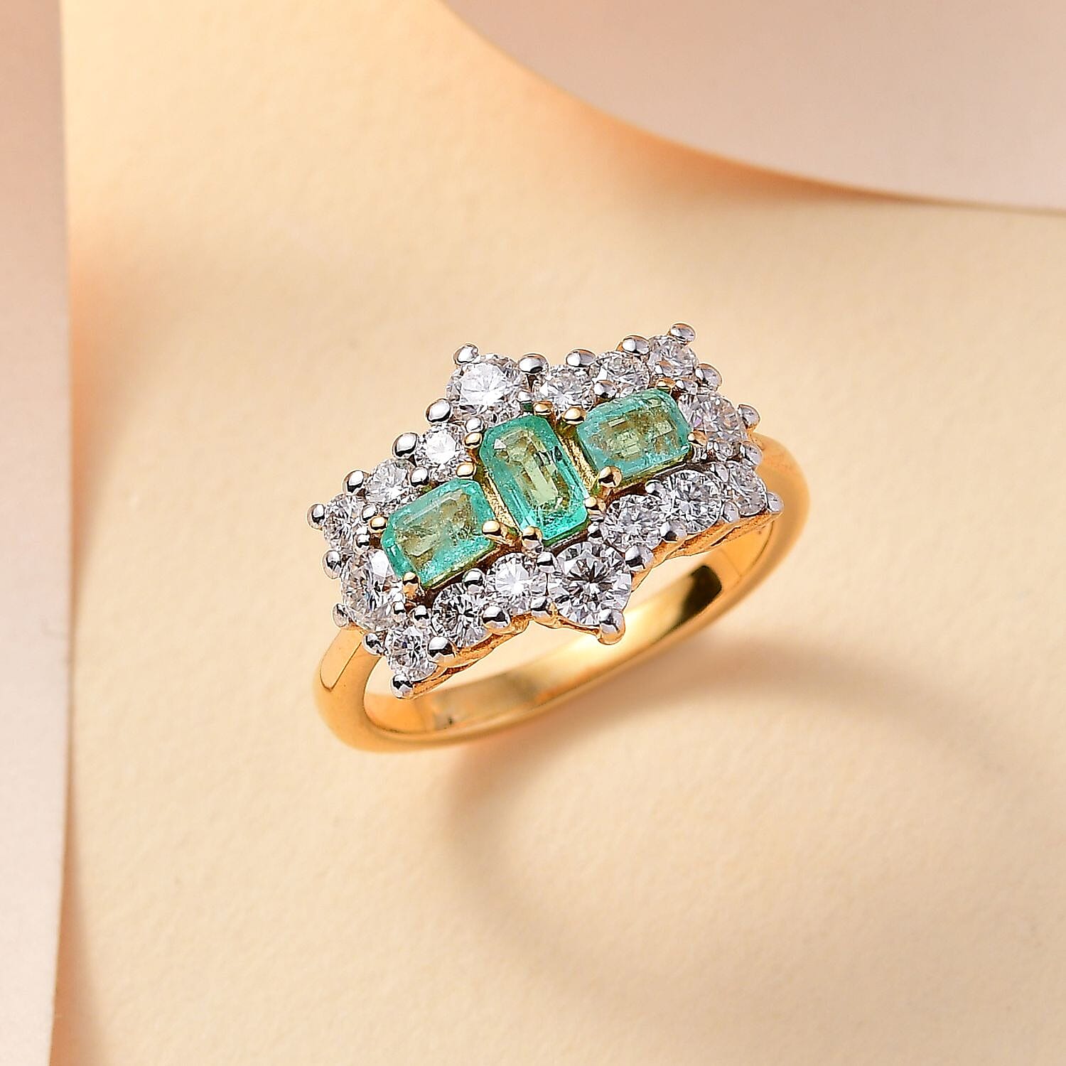 Boyaca Colombian Emerald & Moissanite Boat Ring in 18K Vermeil Yellow Gold Sterling Silver 1.81 Ct.