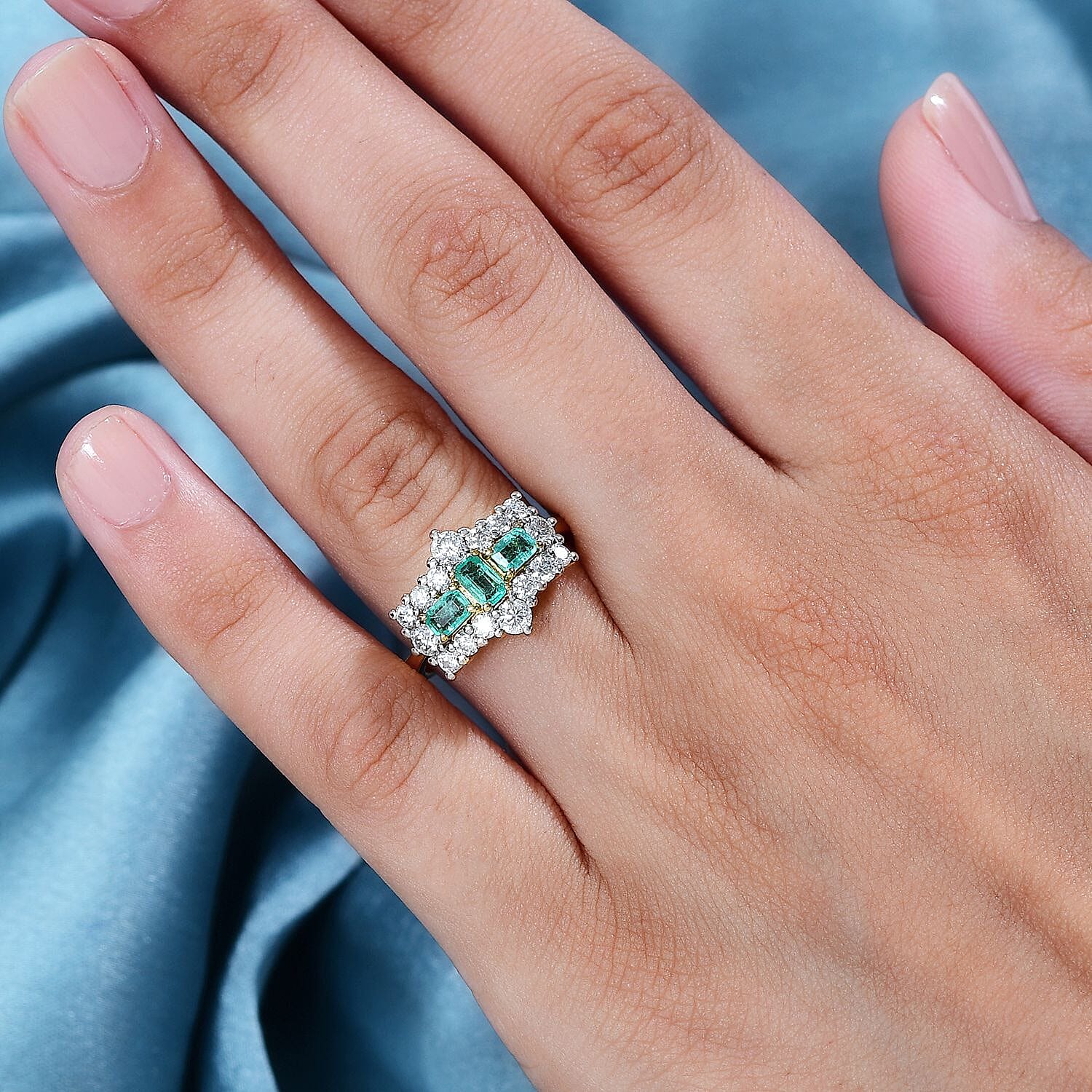 Boyaca Colombian Emerald & Moissanite Boat Ring in 18K Vermeil Yellow Gold Sterling Silver 1.81 Ct.