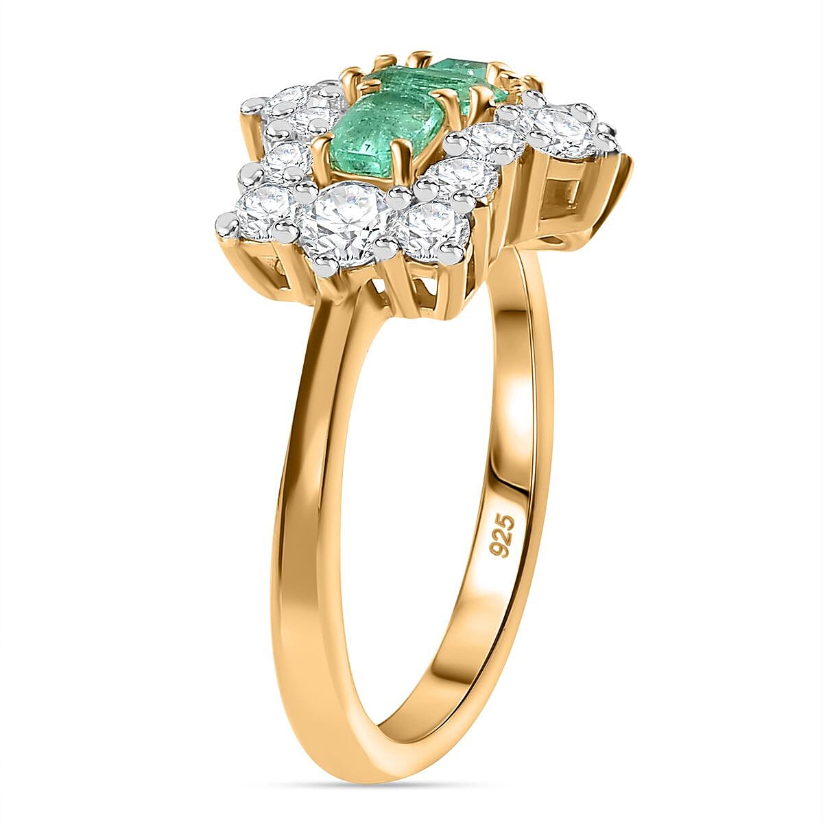 Boyaca Colombian Emerald & Moissanite Boat Ring in 18K Vermeil Yellow Gold Sterling Silver 1.81 Ct.