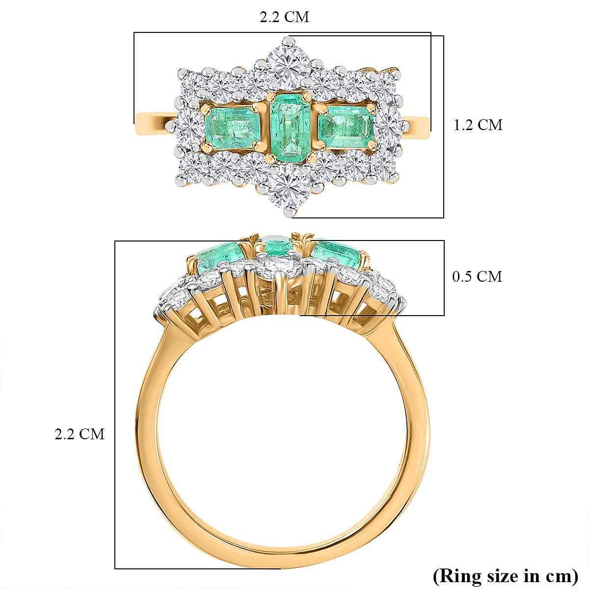 Boyaca Colombian Emerald & Moissanite Boat Ring in 18K Vermeil Yellow Gold Sterling Silver 1.81 Ct.
