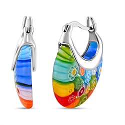 Multi Colour Murano Style Glass Floral Basket Earring With Clasp in Rhodium Overlay Sterling Silver