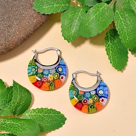 Multi Color Murano Glass Earring With Clasp in Rhodium Overlay Sterling Silver