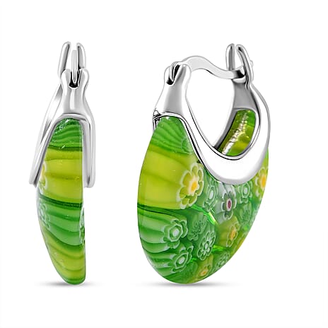 Green Color Murano Glass Earring With Clasp in Rhodium Overlay Sterling Silver