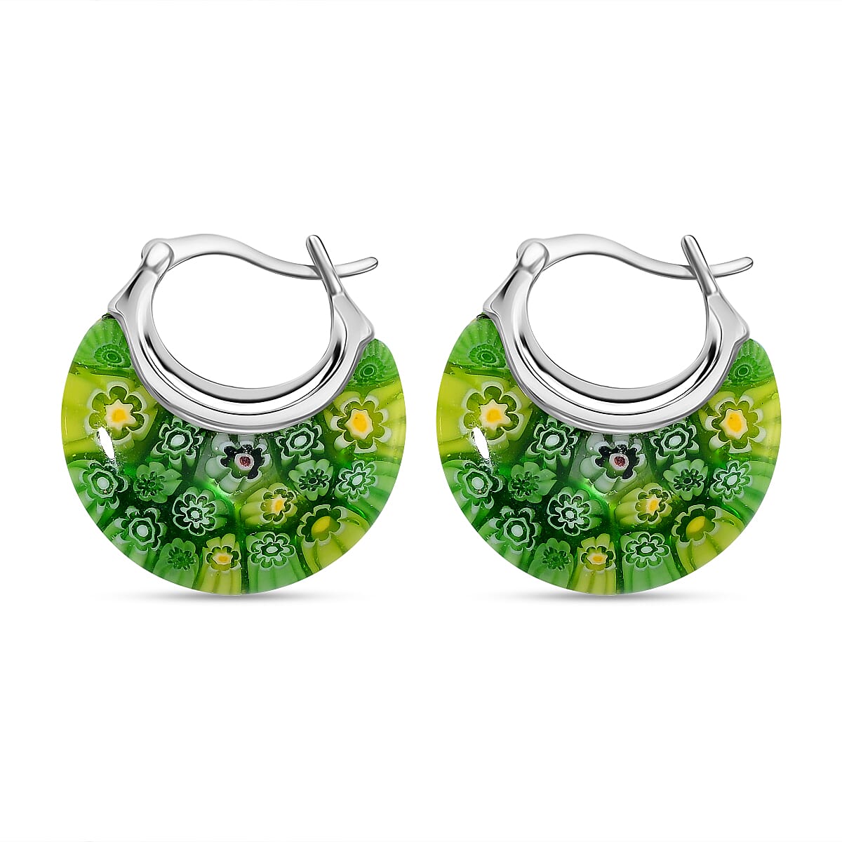 Green Color Murano Glass Earring With Clasp in Rhodium Overlay Sterling Silver