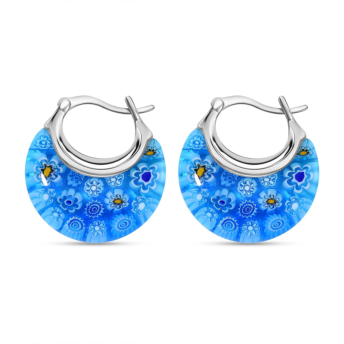 Blue Color Murano Glass Earring With Clasp in Rhodium Overlay Sterling Silver