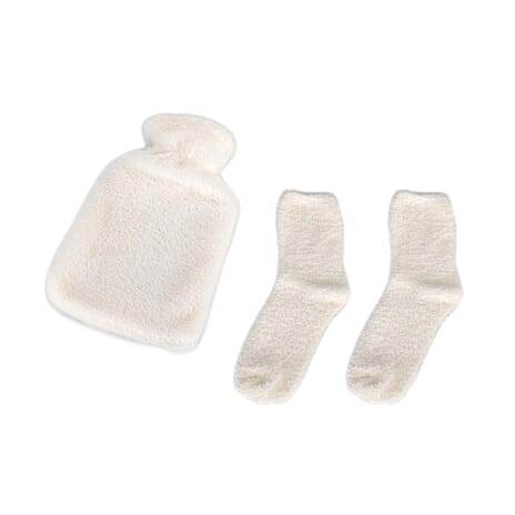 1000ml Plush Hot Water Bag with Socks - White