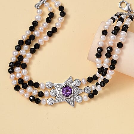 GP Celestial Collection - Starry Night Rose De France Amethyst, Pearl, Black Spinel & Zircon Star Bracelet (Size 7.5) in Rhodium Overlay Sterling Silver