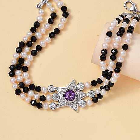 GP Celestial Collection - Starry Night Rose De France Amethyst, Pearl, Black Spinel & Zircon Star Bracelet With Lobaster Clasp      (Size 7) in Rhodium Overlay Sterling Silver 64.37 Ct.