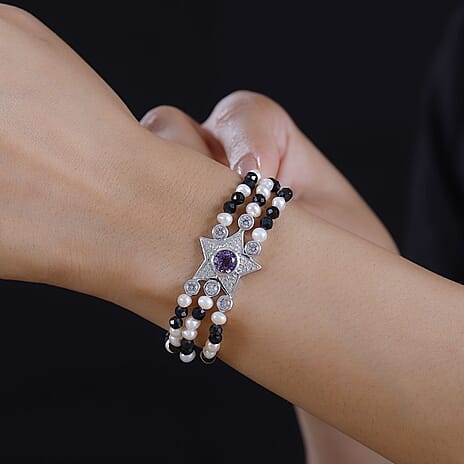 GP Celestial Collection - Starry Night Rose De France Amethyst, Pearl, Black Spinel & Zircon Star Bracelet With Lobaster Clasp      (Size 7) in Rhodium Overlay Sterling Silver 64.37 Ct.