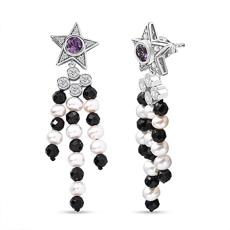 GP Celestial Collection - Starry Night Rose De France Amethyst, Pearl, Black Spinel & Zircon Earrings With Push Back in Rhodium Overlay Sterling Silver 21.81 Ct.