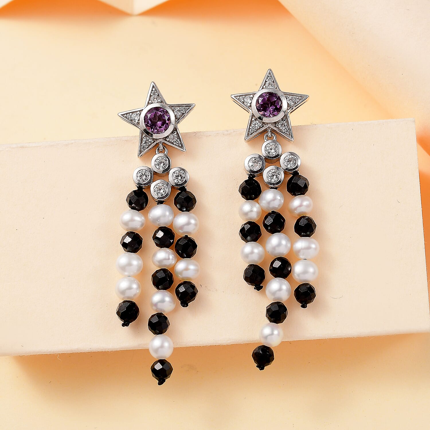 GP Celestial Collection - Starry Night Rose De France Amethyst, Pearl, Black Spinel & Zircon Earrings With Push Back in Rhodium Overlay Sterling Silver 21.81 Ct.