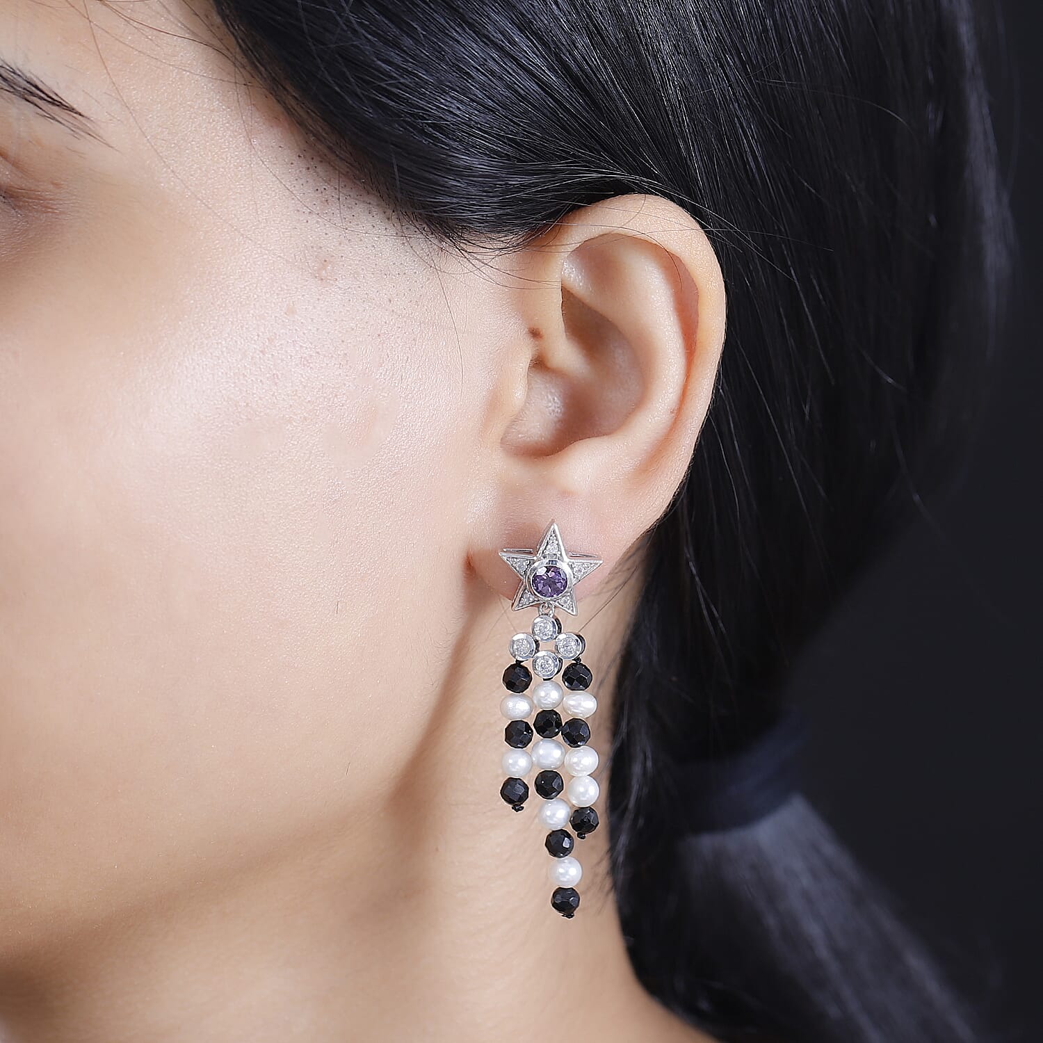 GP Celestial Collection - Starry Night Rose De France Amethyst, Pearl, Black Spinel & Zircon Earrings With Push Back in Rhodium Overlay Sterling Silver 21.81 Ct.