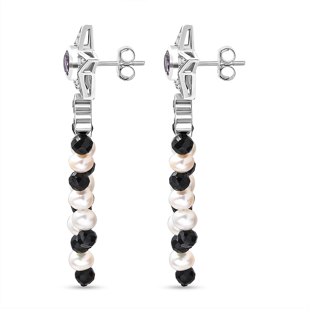 GP Celestial Collection - Starry Night Rose De France Amethyst, Pearl, Black Spinel & Zircon Earrings With Push Back in Rhodium Overlay Sterling Silver 21.81 Ct.