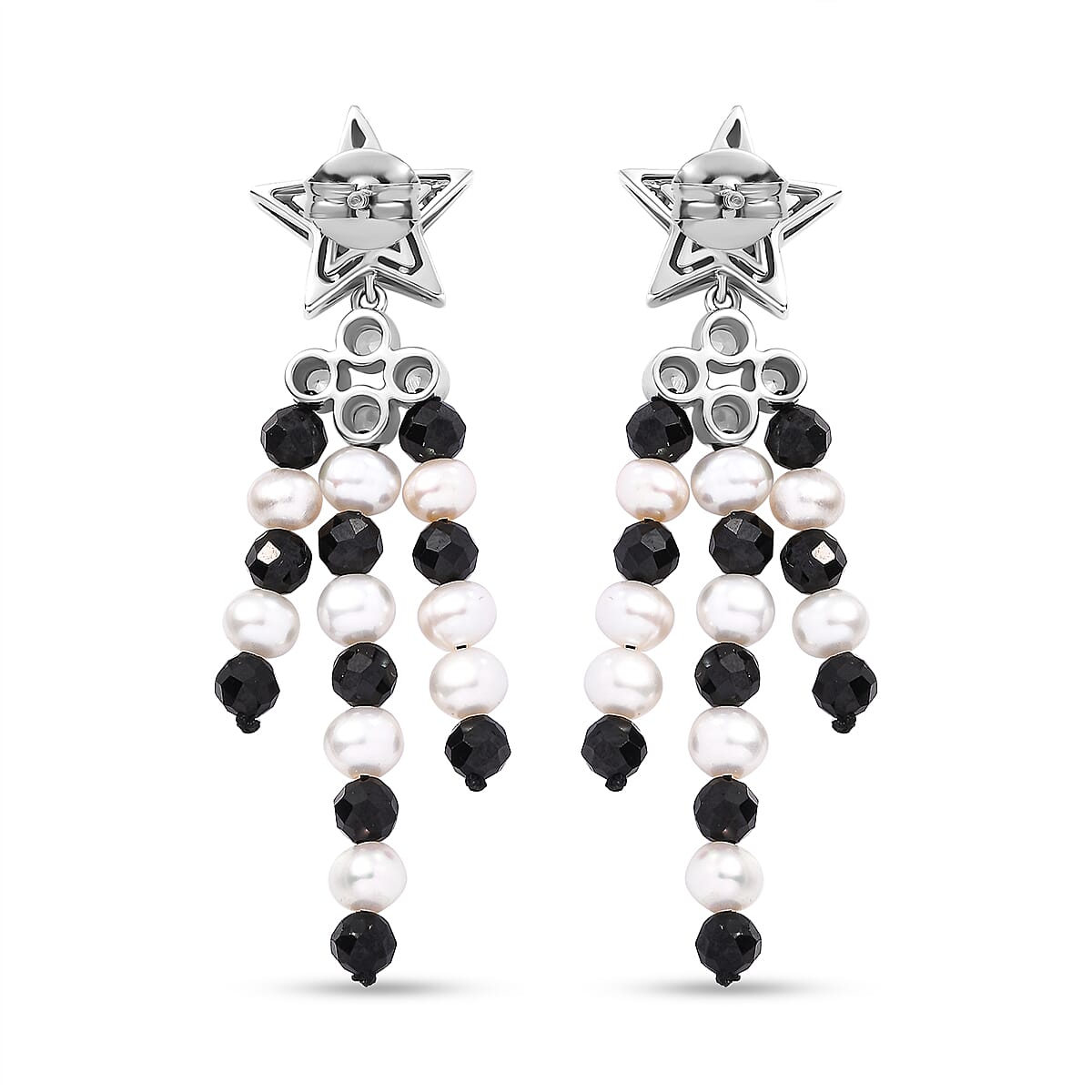 GP Celestial Collection - Starry Night Rose De France Amethyst, Pearl, Black Spinel & Zircon Earrings With Push Back in Rhodium Overlay Sterling Silver 21.81 Ct.