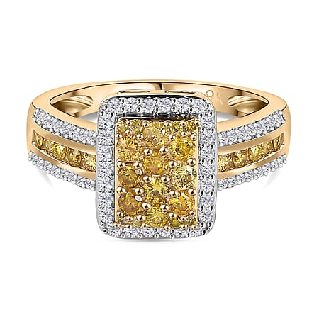 9K Yellow Gold Natural Yellow Diamond and White Diamond Halo Ring