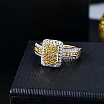 9K Yellow Gold Natural Yellow Diamond and White Diamond Halo Ring