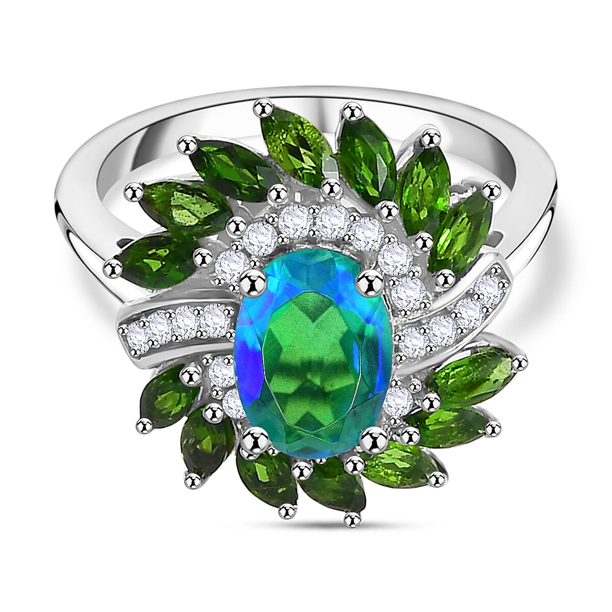Peacock Triplet Quartz , Natural Chrome Diopside & White Zircon   Ring in rhodium Sterling Silver 2.851 Ct.