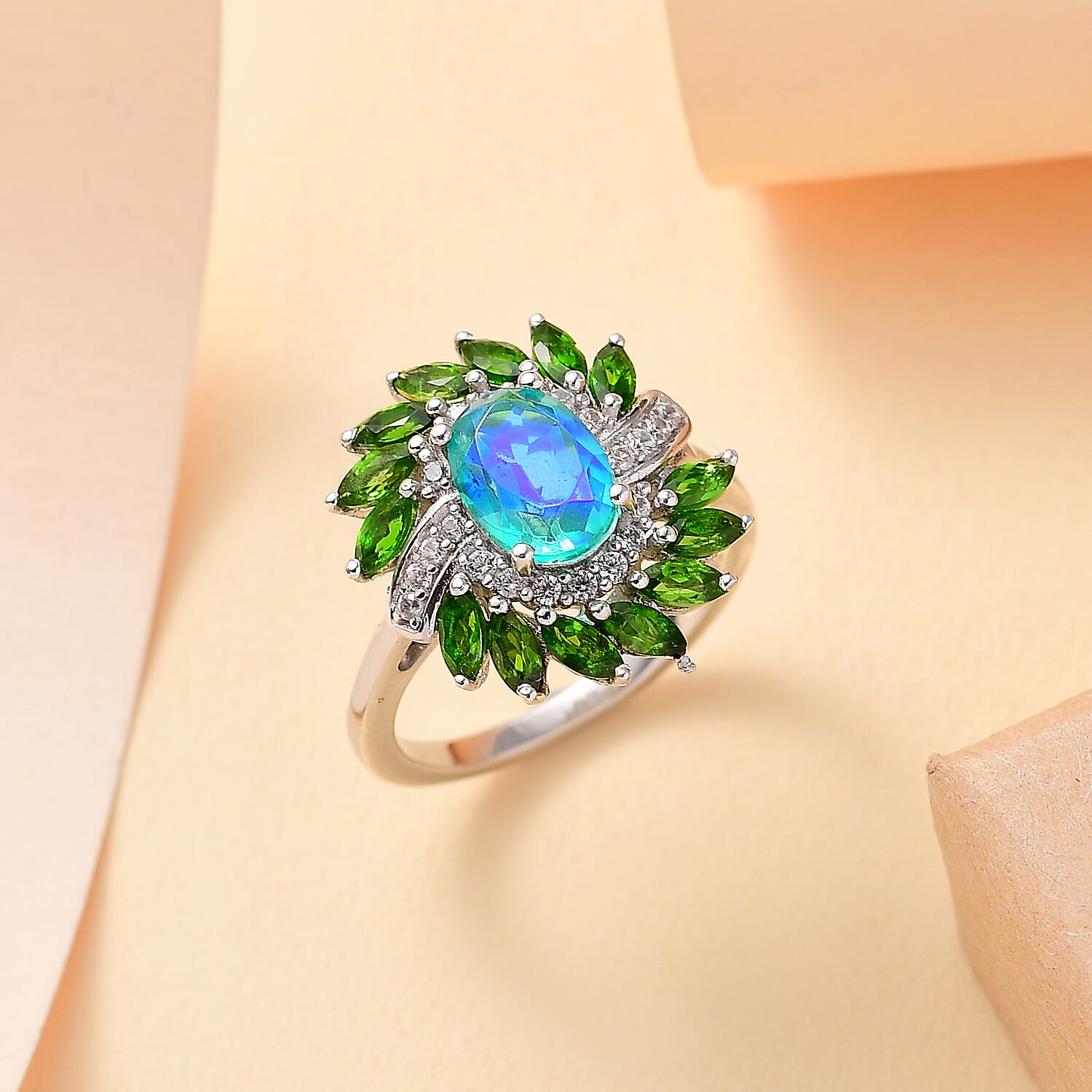 Peacock Triplet Quartz , Natural Chrome Diopside & White Zircon   Ring in rhodium Sterling Silver 2.851 Ct.