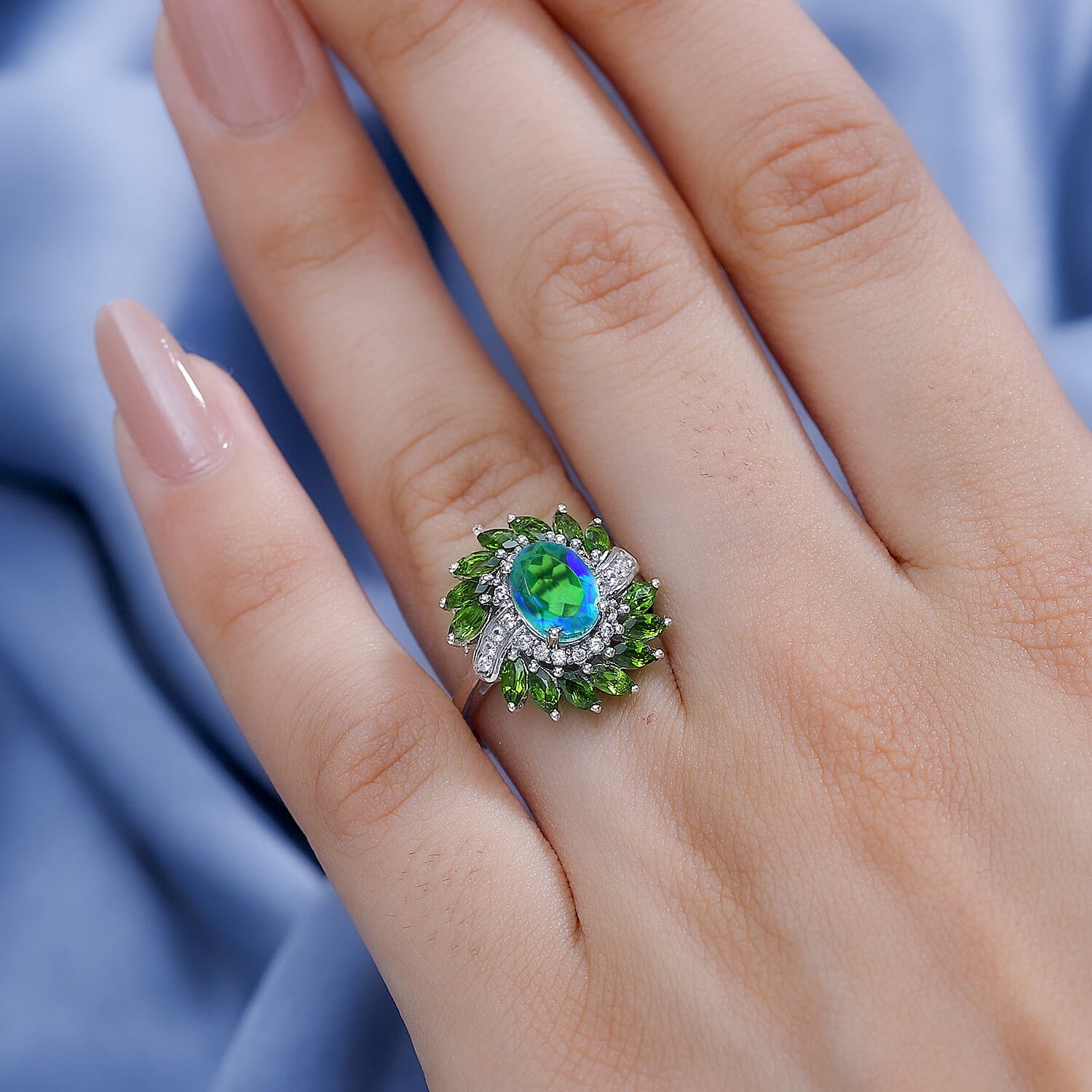 Peacock Triplet Quartz , Natural Chrome Diopside & White Zircon   Ring in rhodium Sterling Silver 2.851 Ct.