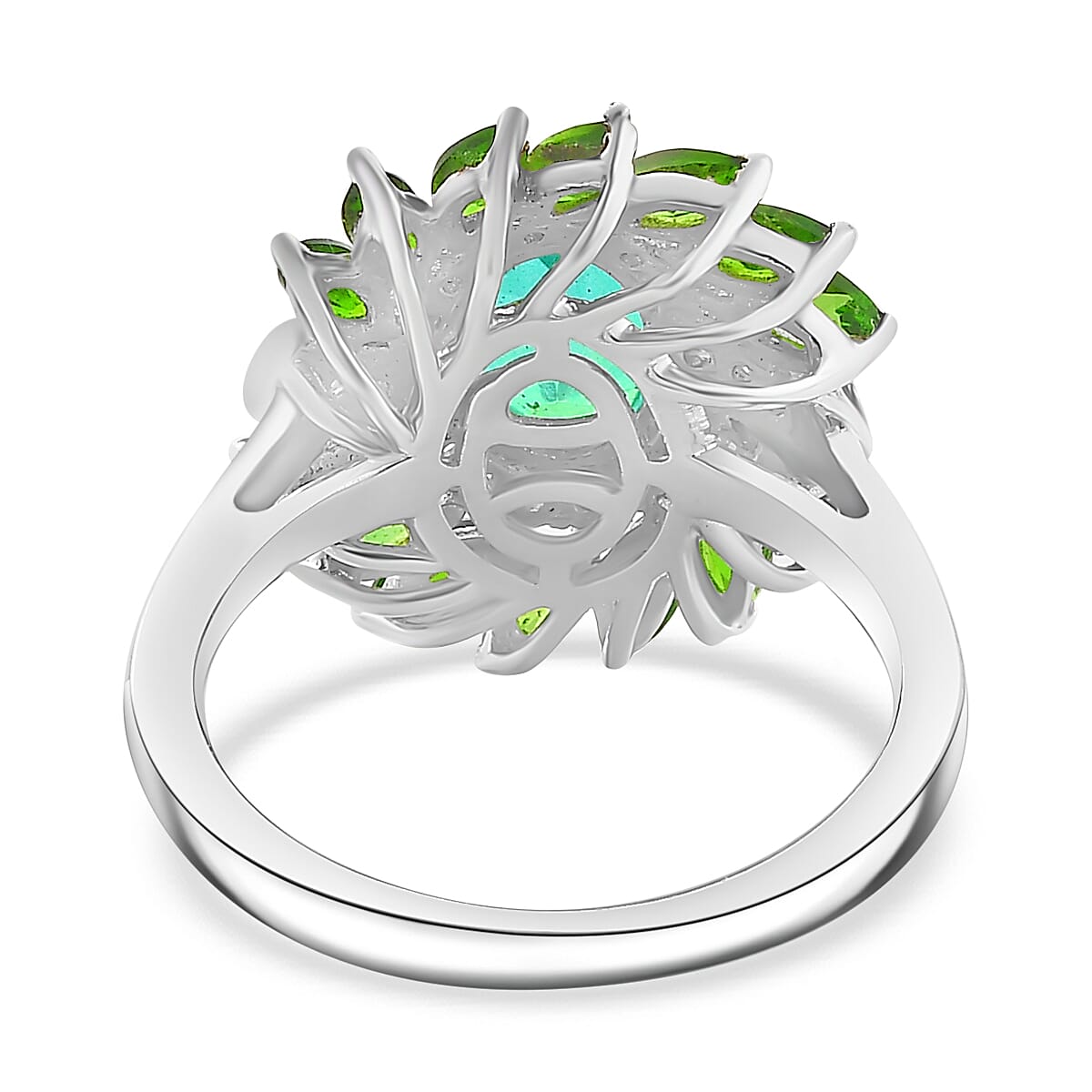 Peacock Triplet Quartz , Natural Chrome Diopside & White Zircon   Ring in rhodium Sterling Silver 2.851 Ct.