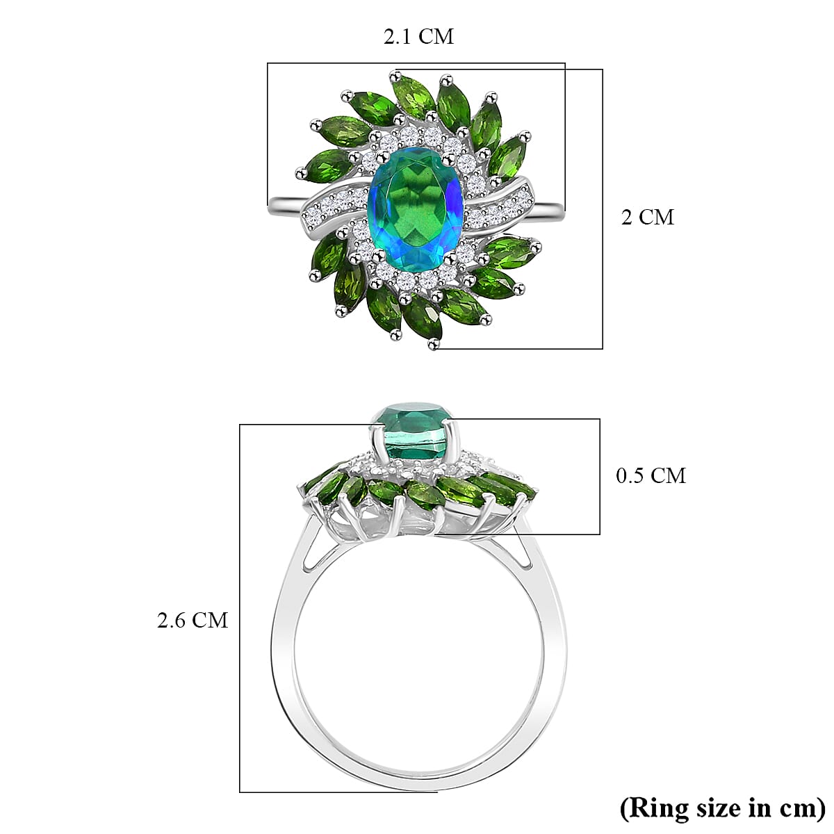 Peacock Triplet Quartz , Natural Chrome Diopside & White Zircon   Ring in rhodium Sterling Silver 2.851 Ct.