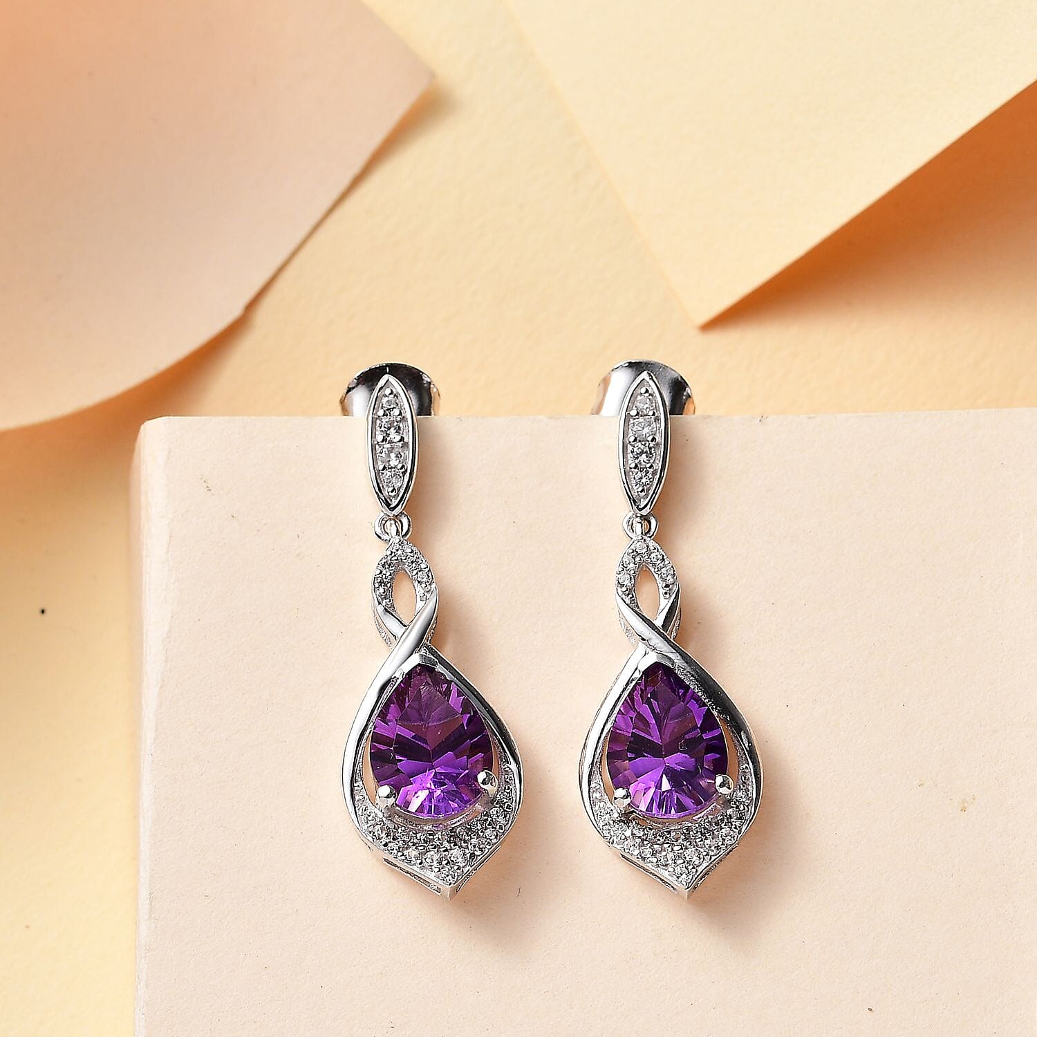 AAA Concave Cut Zambian Amethyst & White Zircon Dangling Earring in Rhodium Overlay Sterling Silver 4.00 Ct.