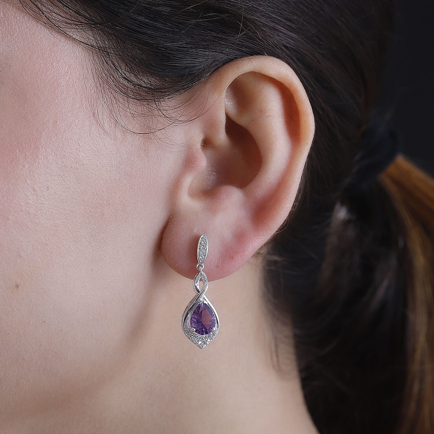 AAA Concave Cut Zambian Amethyst & White Zircon Dangling Earring in Rhodium Overlay Sterling Silver 4.00 Ct.
