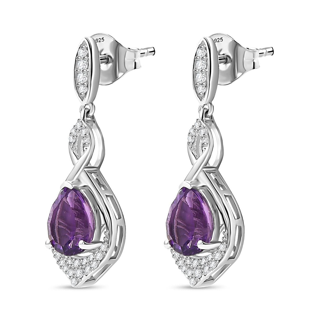 AAA Concave Cut Zambian Amethyst & White Zircon Dangling Earring in Rhodium Overlay Sterling Silver 4.00 Ct.