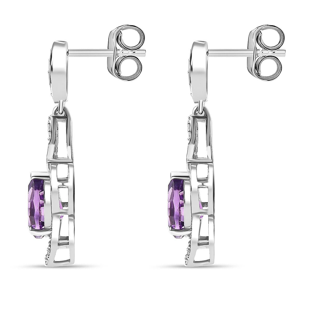 AAA Concave Cut Zambian Amethyst & White Zircon Dangling Earring in Rhodium Overlay Sterling Silver 4.00 Ct.