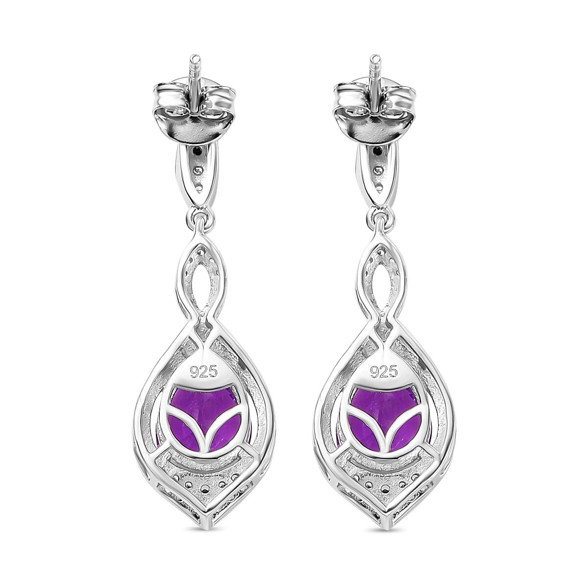 AAA Concave Cut Zambian Amethyst & White Zircon Dangling Earring in Rhodium Overlay Sterling Silver 4.00 Ct.