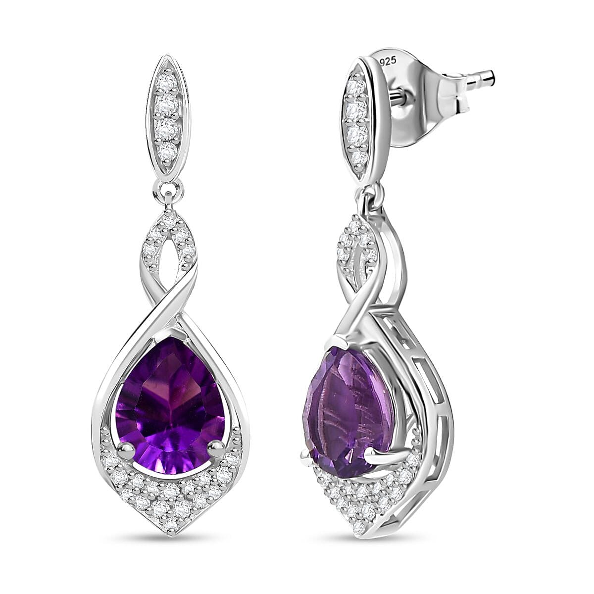 AAA Concave Cut Zambian Amethyst & White Zircon Dangling Earring in Rhodium Overlay Sterling Silver 4.00 Ct.