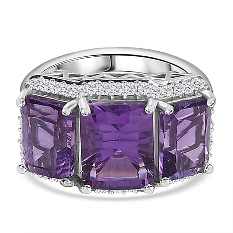 Concave Cut  Zambian Amethyst & White Zircon Ring in Rhodium Overlay Sterling Silver 6.18 ct.