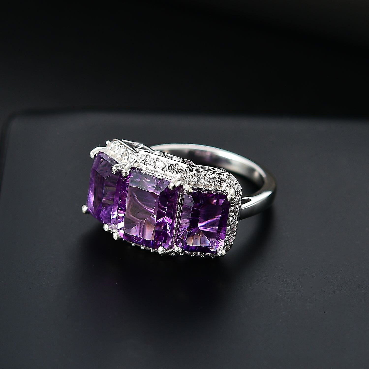 Concave Cut  Zambian Amethyst & White Zircon Ring in Rhodium Overlay Sterling Silver 6.18 ct.