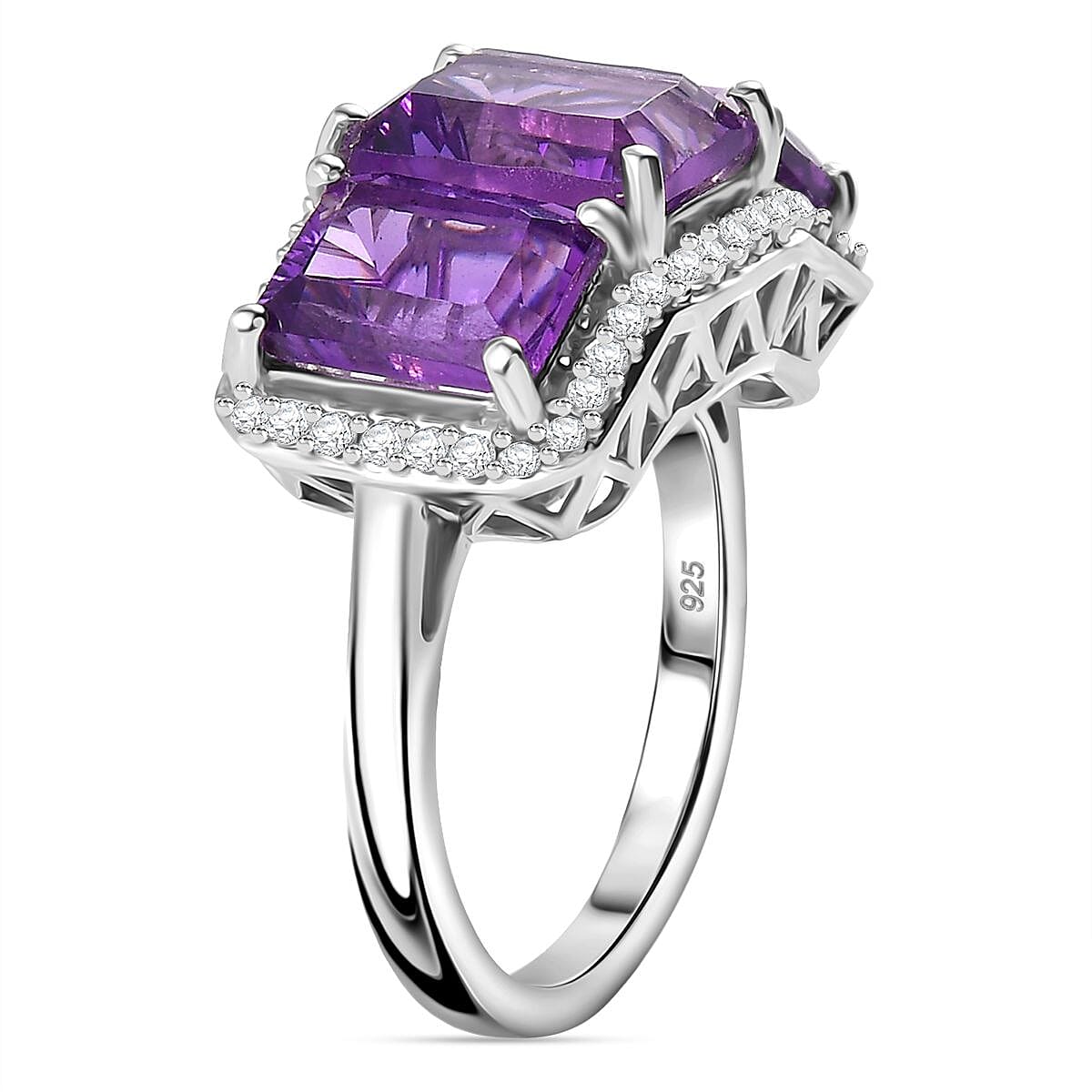 Concave Cut  Zambian Amethyst & White Zircon Ring in Rhodium Overlay Sterling Silver 6.18 ct.