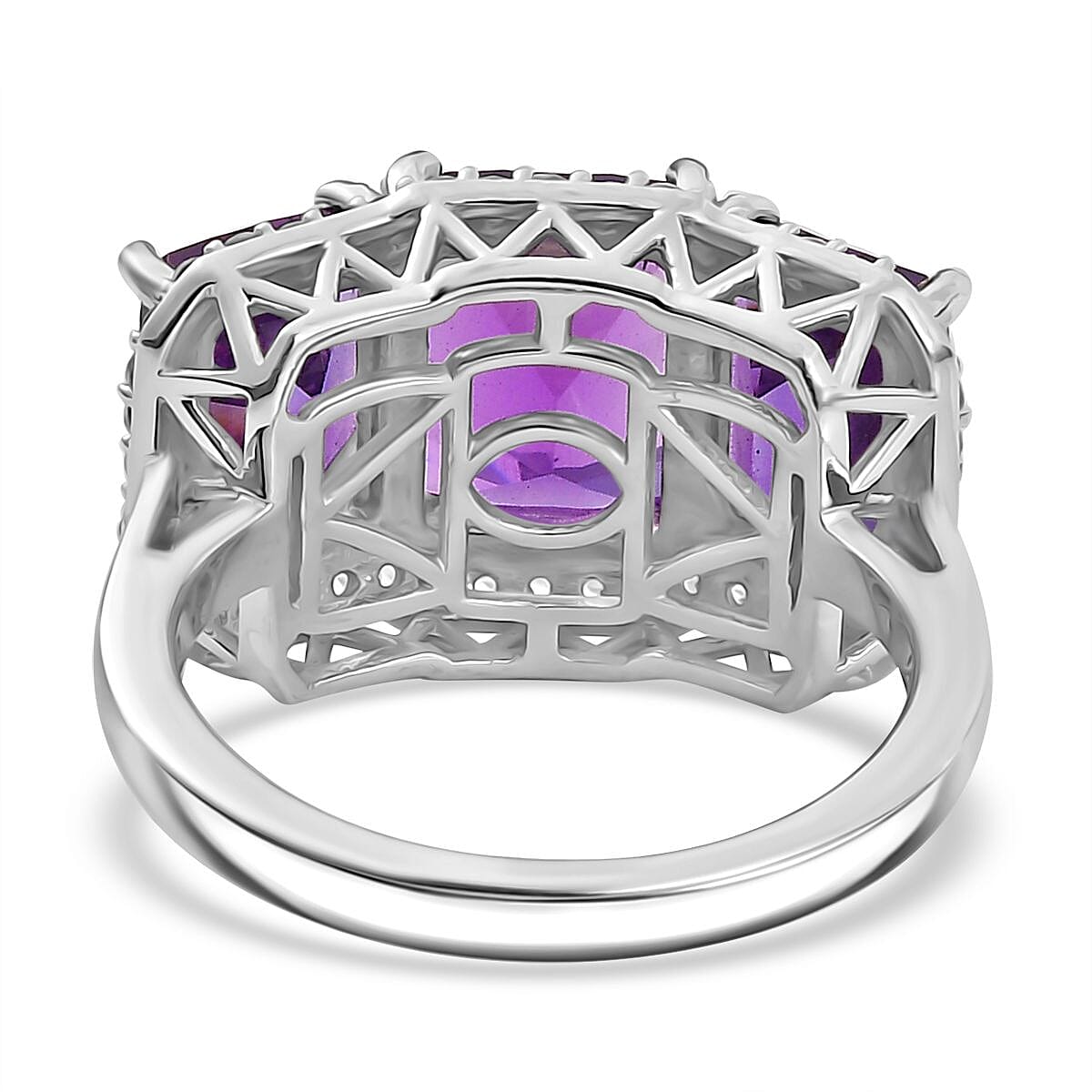 Concave Cut  Zambian Amethyst & White Zircon Ring in Rhodium Overlay Sterling Silver 6.18 ct.