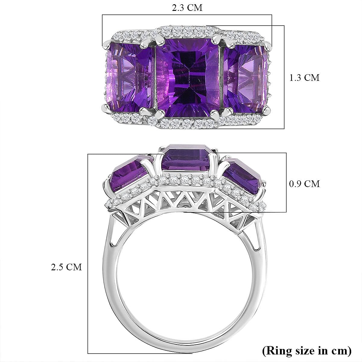 Concave Cut  Zambian Amethyst & White Zircon Ring in Rhodium Overlay Sterling Silver 6.18 ct.
