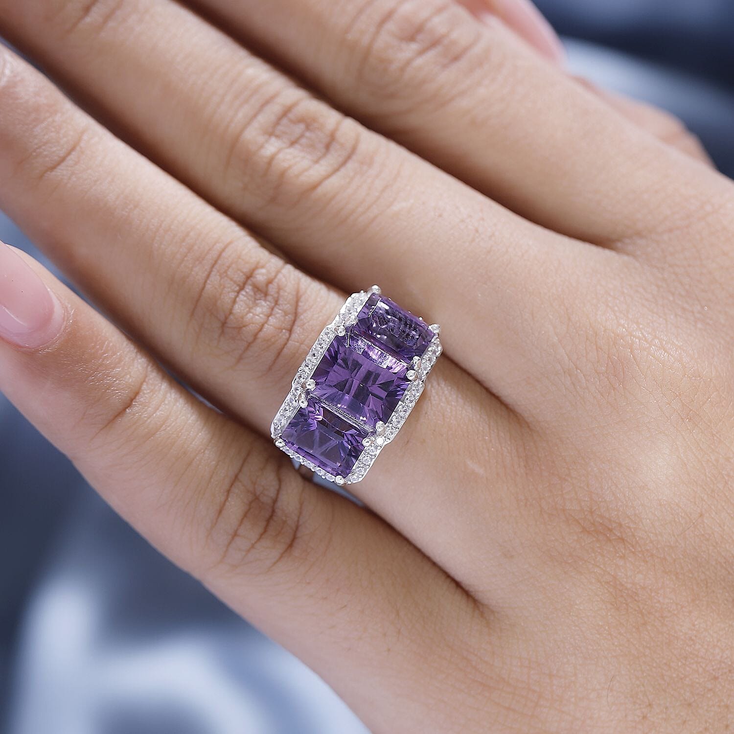 Concave Cut  Zambian Amethyst & White Zircon Ring in Rhodium Overlay Sterling Silver 6.18 ct.