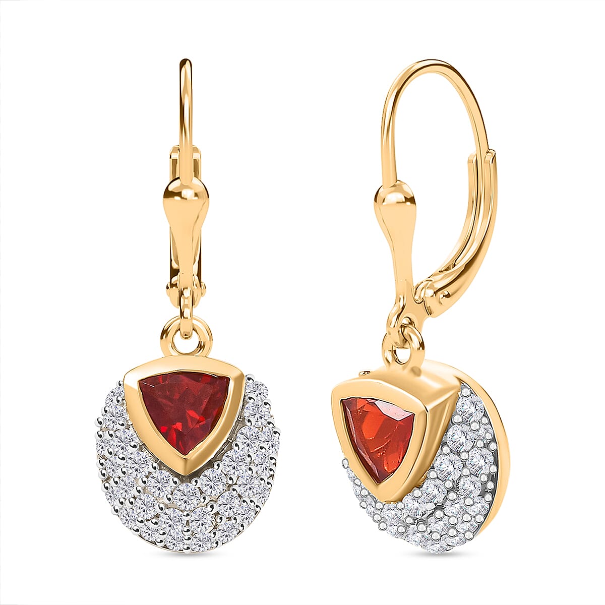Cherry Fire Opal & White Zircon Solitaire Lever Back Earring in 18K YG Vermeil Sterling Silver 1.74 ct