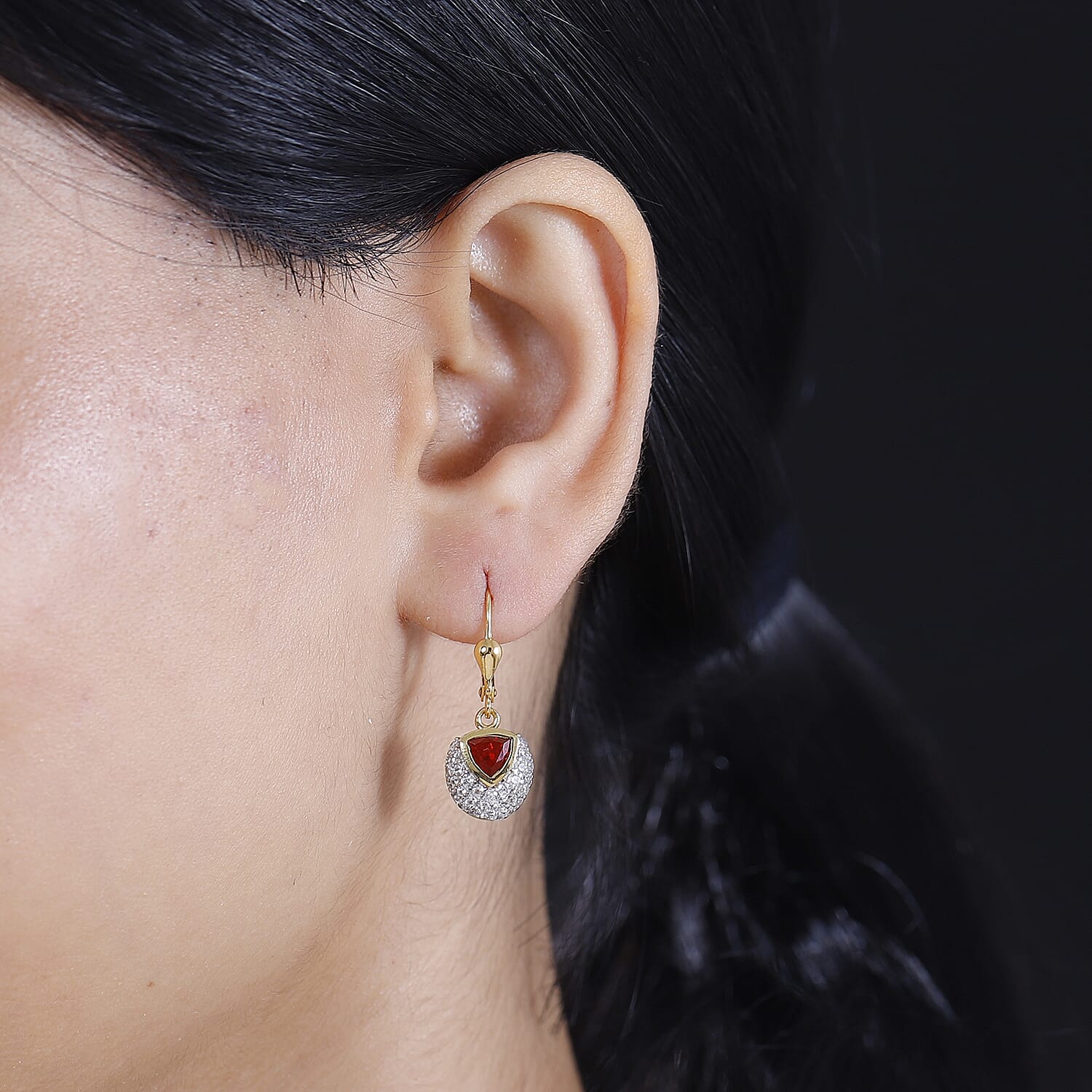 Cherry Fire Opal & White Zircon Solitaire Lever Back Earring in 18K YG Vermeil Sterling Silver 1.74 ct