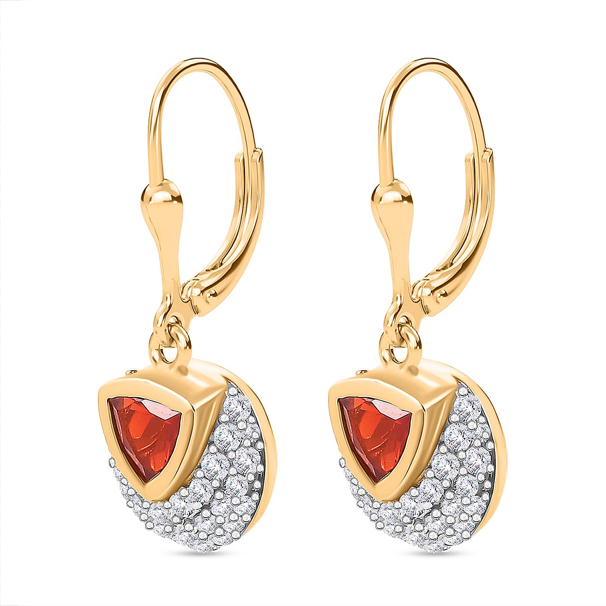 Cherry Fire Opal & White Zircon Solitaire Lever Back Earring in 18K YG Vermeil Sterling Silver 1.74 ct