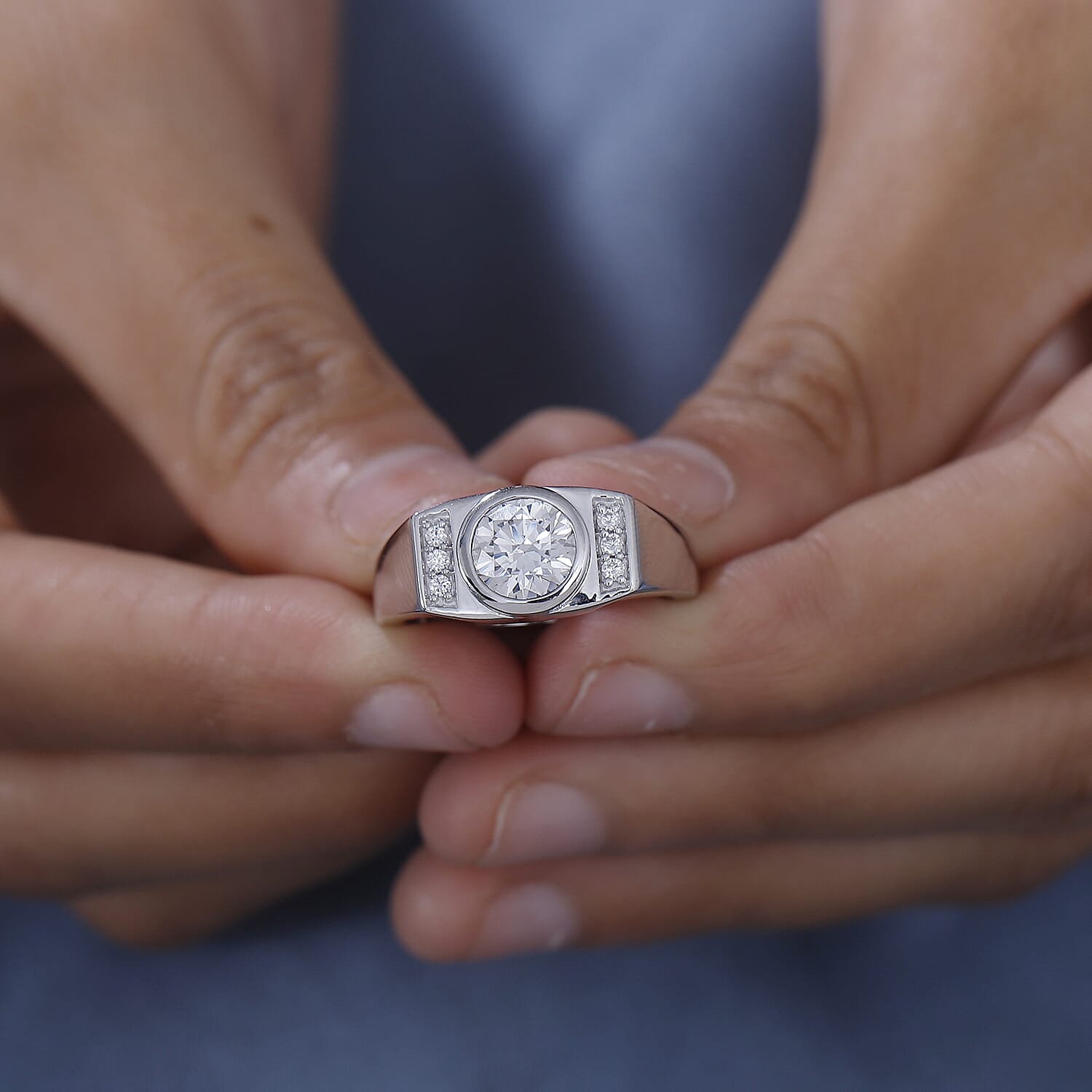 J Francis - Swarovski Zirconia Mens Ring in Rhodium Overlay Sterling Silver 2.97 Ct.