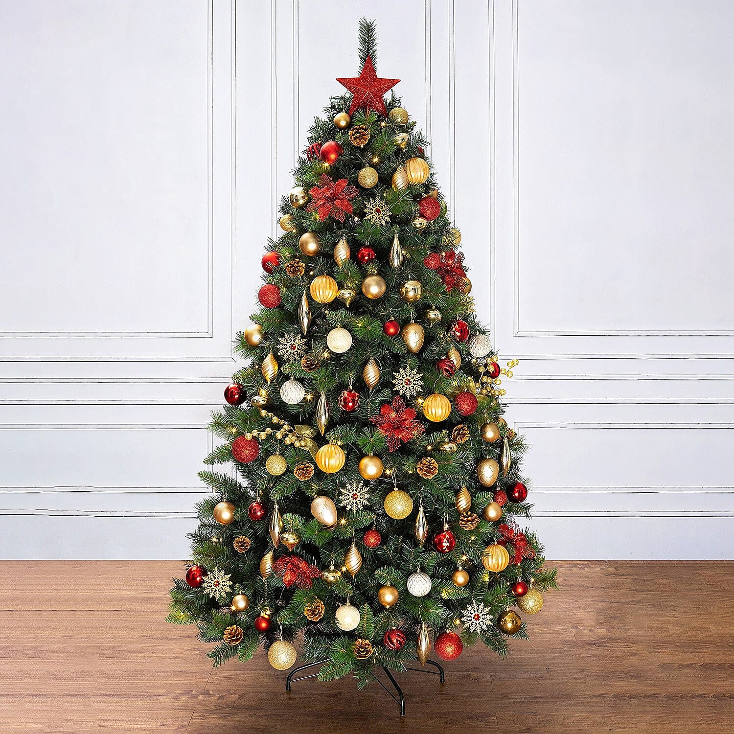 6.5ft Northern Lights Christmas Tree - Includes 120 Gold & Copper Decorations & 120 Clear Lights 1014 Tips - Diameter 122cm - Red