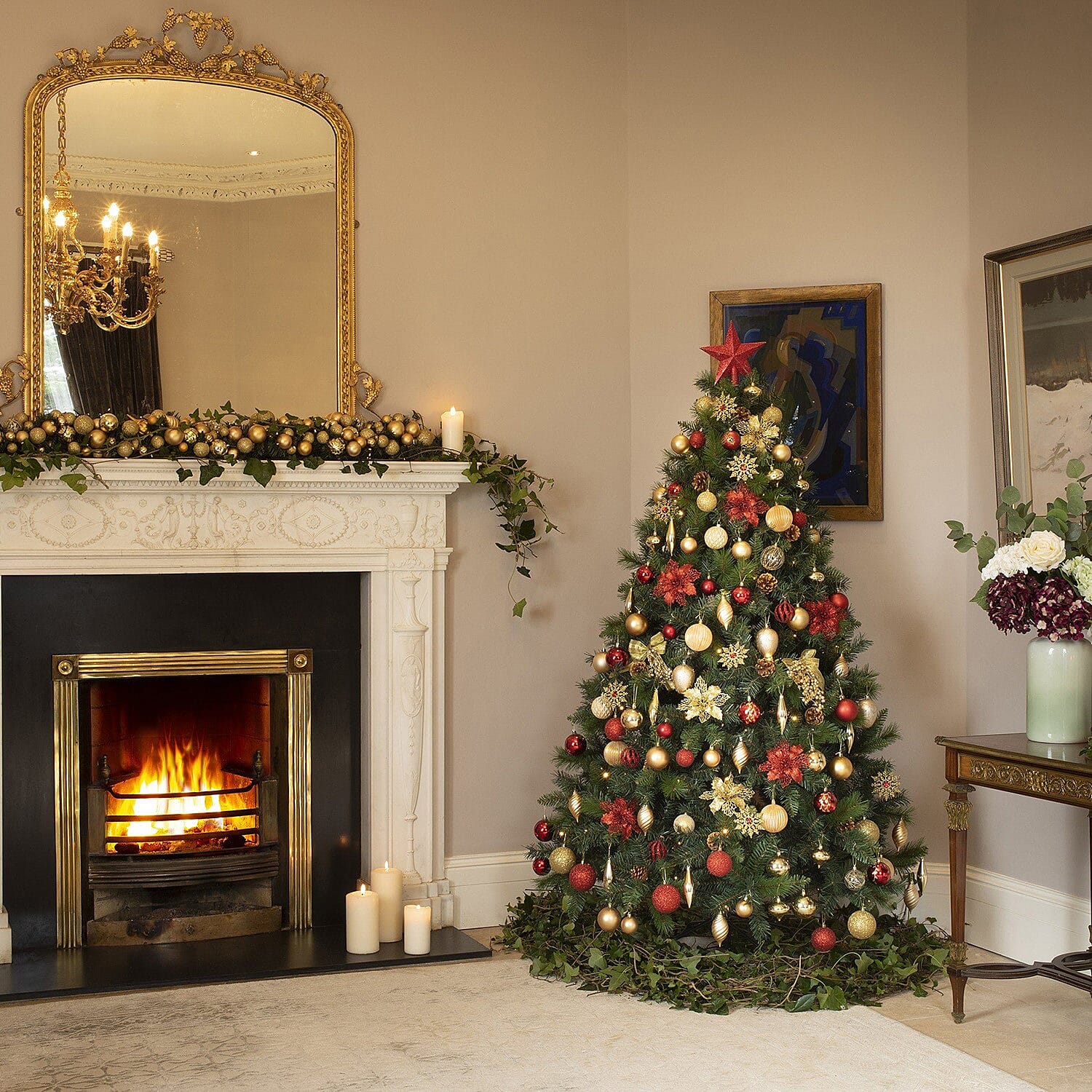 6.5ft Northern Lights Christmas Tree - Includes 120 Gold & Copper Decorations & 120 Clear Lights 1014 Tips - Diameter 122cm - Red