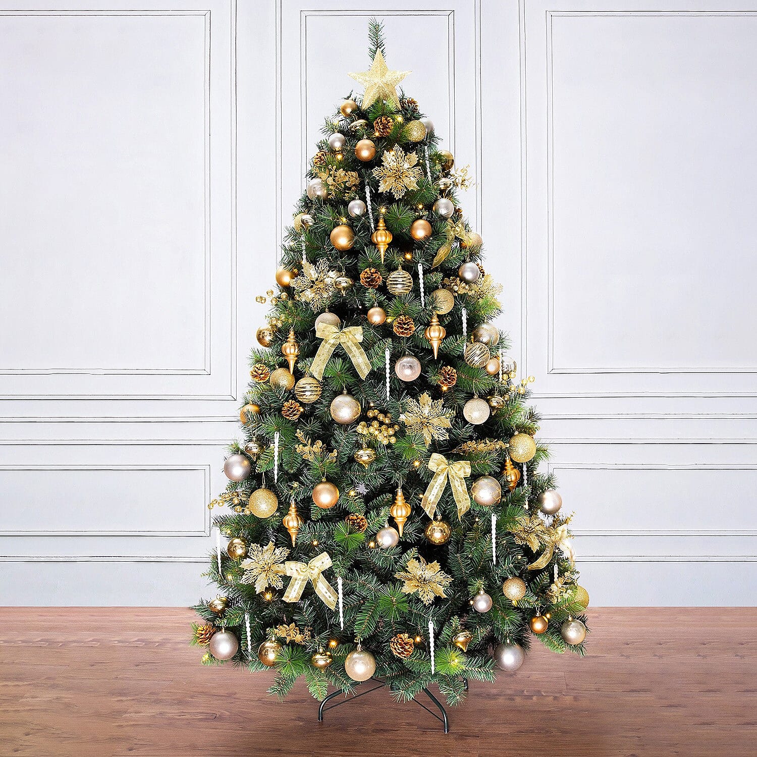 6.5ft Northern Lights Christmas Tree - Includes 120 Gold & Copper Decorations & 120 Clear Lights 1014 Tips - Diameter 122cm - Gold