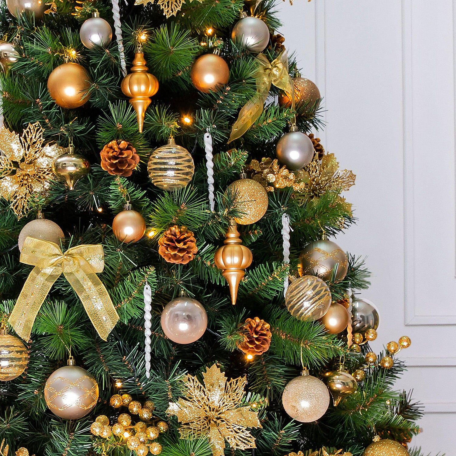 6.5ft Northern Lights Christmas Tree - Includes 120 Gold & Copper Decorations & 120 Clear Lights 1014 Tips - Diameter 122cm - Gold