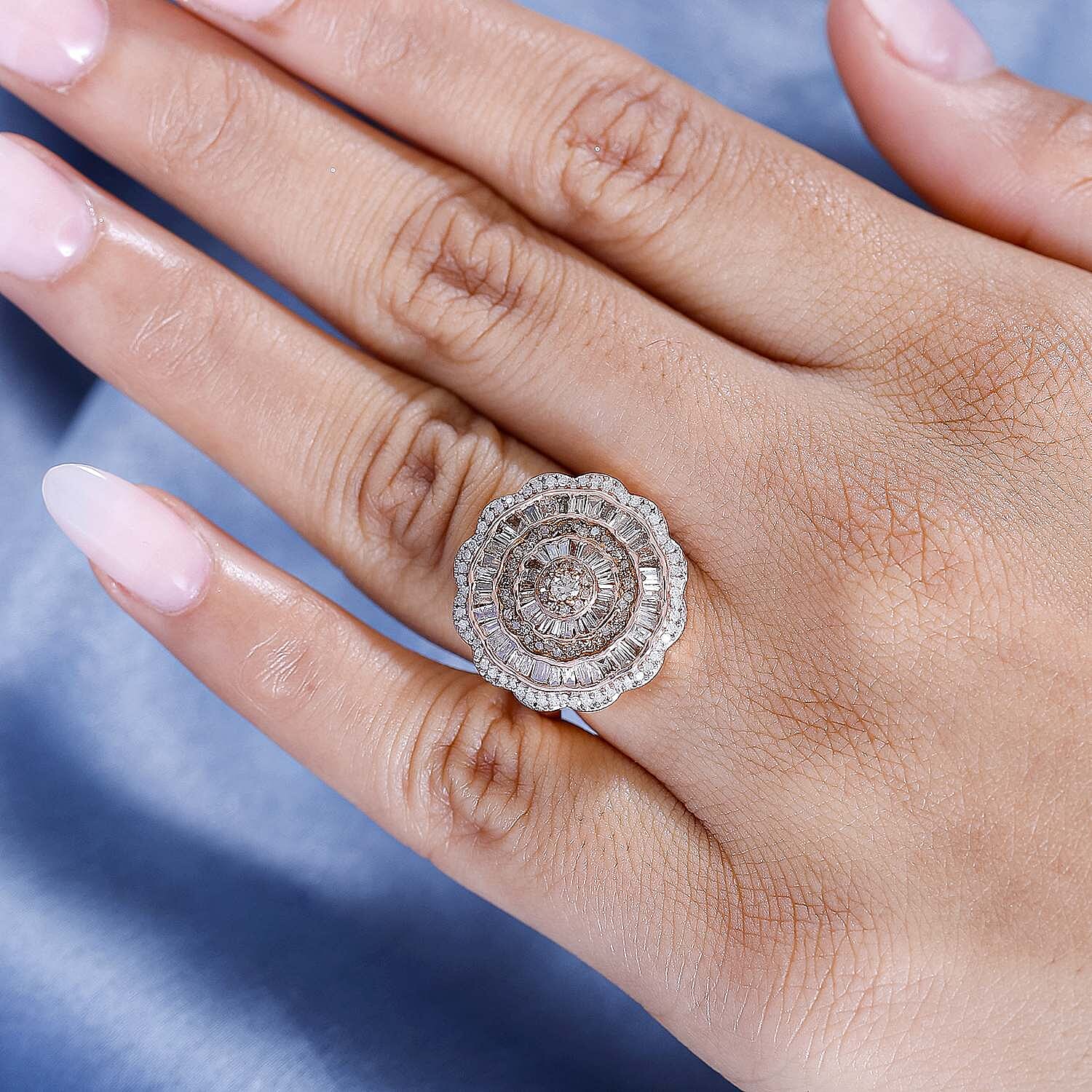 Champagne Diamond & White Diamond Ring in Vermeil RG Sterling Silver,  Silver Wt. 5.6 Gms 1.502  Ct.