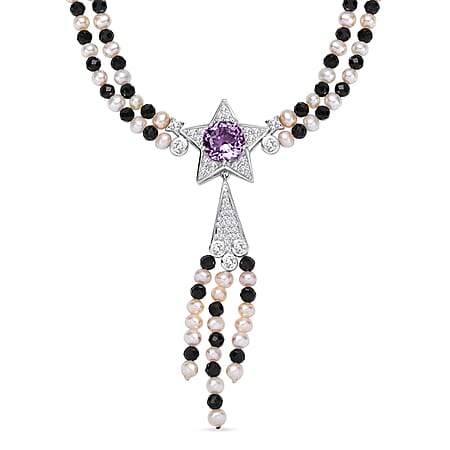 GP Celestial Collection - Starry Night Rose De France Amethyst, Pearl, Black Spinel & Zircon Star Necklace (Size 20) in Rhodium Overlay Sterling Silver